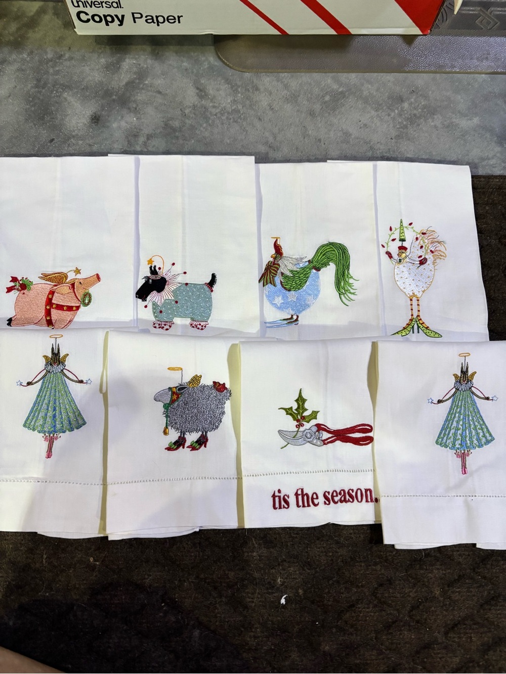 Patience Brewster Holiday Embroidered White Cotton Kitchen Towels - Set of 8